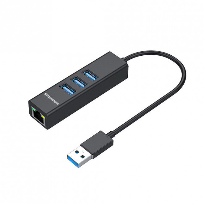Simplecom CHN420 Black Aluminium 3 Port SuperSpeed USB HUB with Gigabit Ethernet image 0