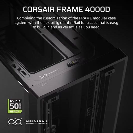 Corsair FRAME 4000D Modular Mid-Tower PC Case - Black, ATX, 430mm GPU, 170mm CPU cooler, 360mm rad, 1x HD Audio, 1x USB-C 3.2 Gen 2