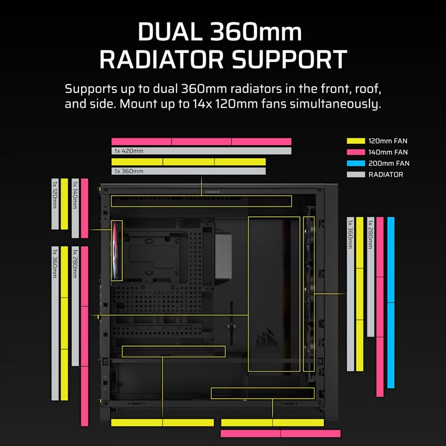 Corsair FRAME 5000D RS ARGB High-Airflow Mid-Tower PC Case - Black, ATX, 450mm GPU, 175mm CPU cooler, 360mm rad, 4x RS140 ARGB, 1x USB-C 3.2