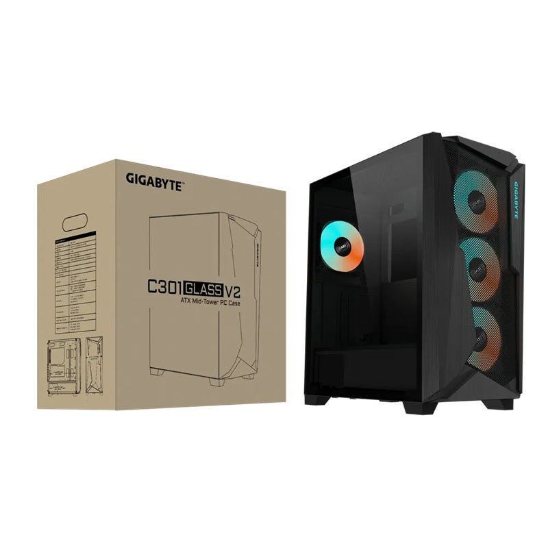 (LS) Gigabyte C301V2 RGB Tempered Glass E-ATX Black Mid Tower Gaming Chassis 2x3.5' 2x2.5' 2xUSB3.0 Detachable Dust Filter Liquid Cooling PSU ATX