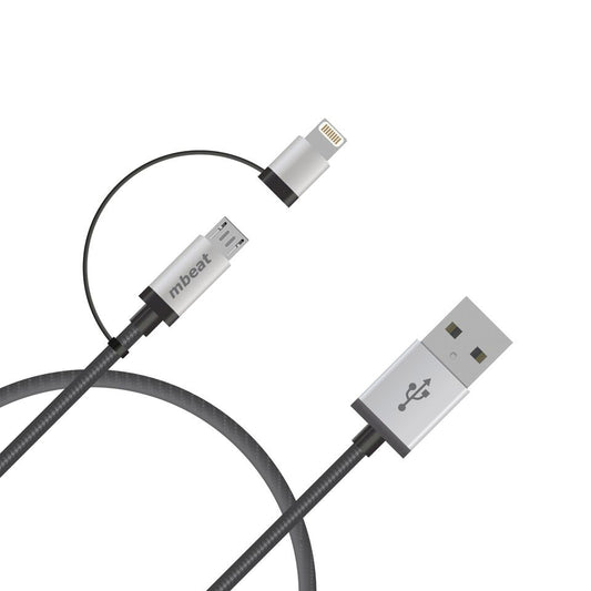 (LS) mbeat® 1m Lightning and Micro USB Data Cable - 2-in-1/Aluminmum Shell Crush-Proof/Nylon Braided/Silver/ Apple/Andriod Tablet Mobile Device