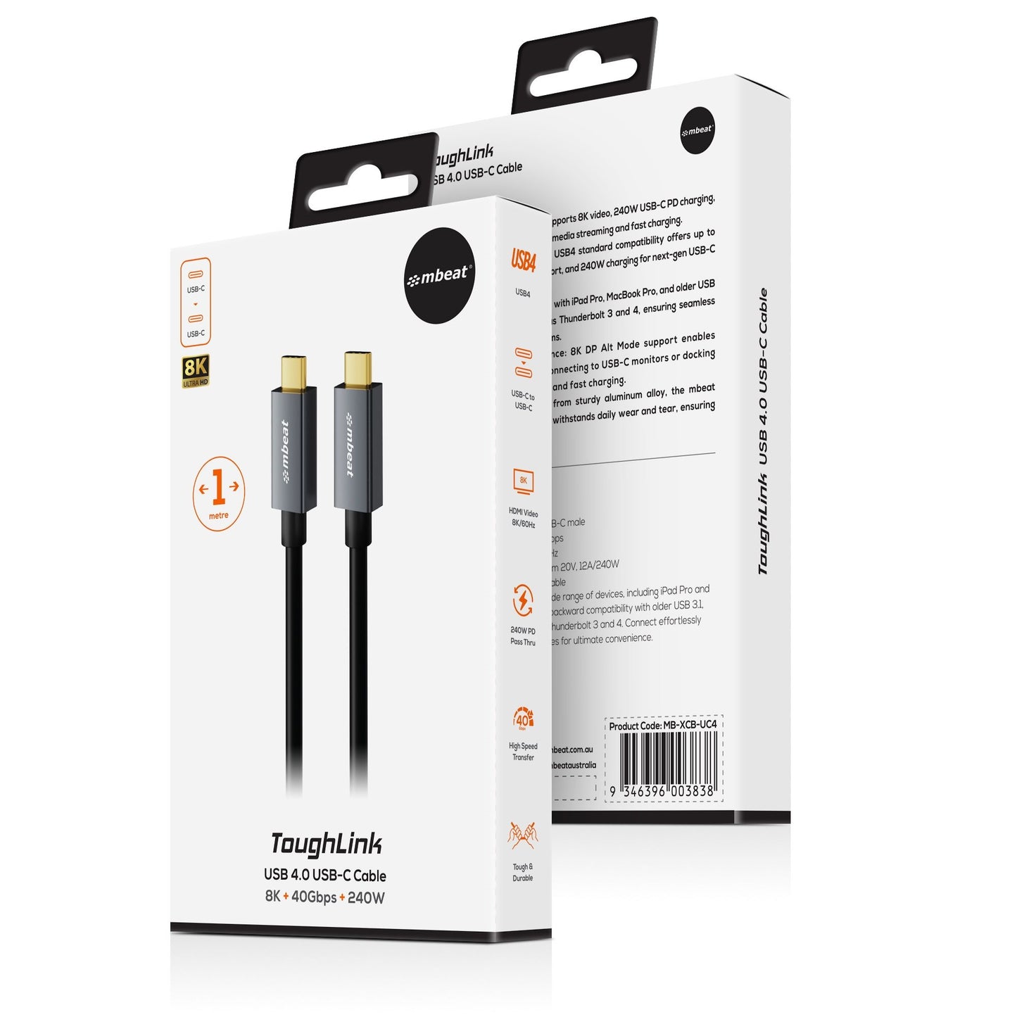 mbeat Tough Link 1m USB 4.0 USB-C Cable - Space Grey Video Resolution: Maximum 8