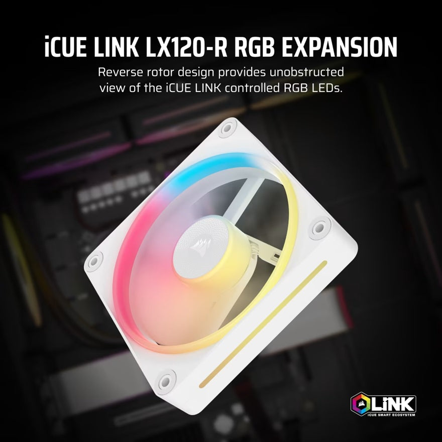 Corsair iCUE LINK LX120‑R RGB 120 mm PWM Reverse Fan Expansion Single Pack – White: 66.7 CFM, 2400 RPM, 37.7 dBA, 0.4 A,Static Pressure, Magnetic Dome