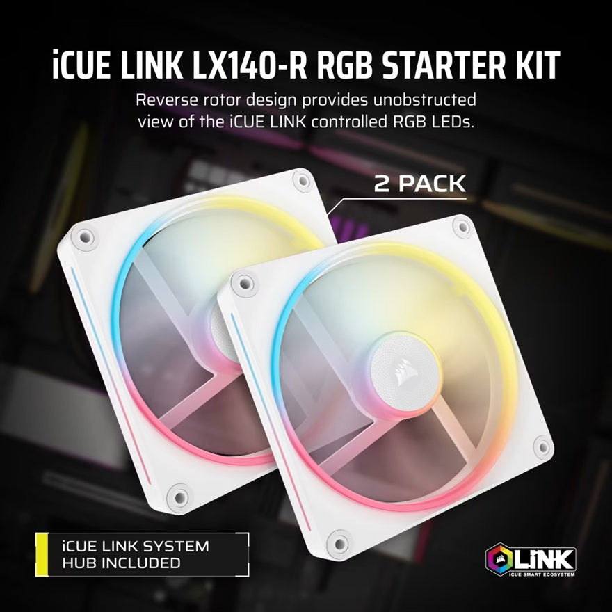 Corsair iCUE LINK LX140-R RGB 140mm PWM Reverse Fans Starter Kit Dual Pack -White: 90.6 CFM, 2000 RPM, 38.3 dBA, 0.45A, Static Pressure, Magnetic Dome
