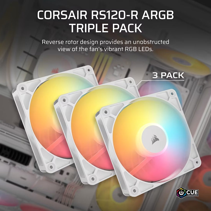 Corsair RS120-R ARGB 120mm PWM Reverse Fans Triple Pack - White, 3x RGB Fans, 2100 RPM, 65.82 CFM, Static Pressure, Magnetic Dome Bearing, PWM Control
