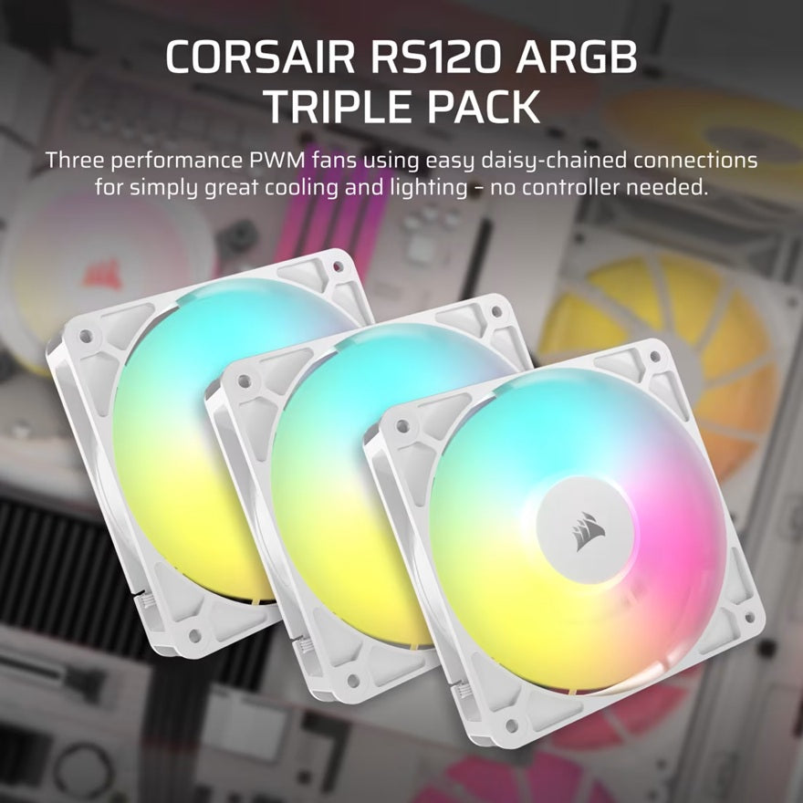 Corsair RS120 ARGB 120mm PWM Fans - Triple Pack - White: 72.8 CFM, 2100 RPM, 36 dBA, 0.4A, RGB lighting, Static Pressure, Magnetic Dome Bearing