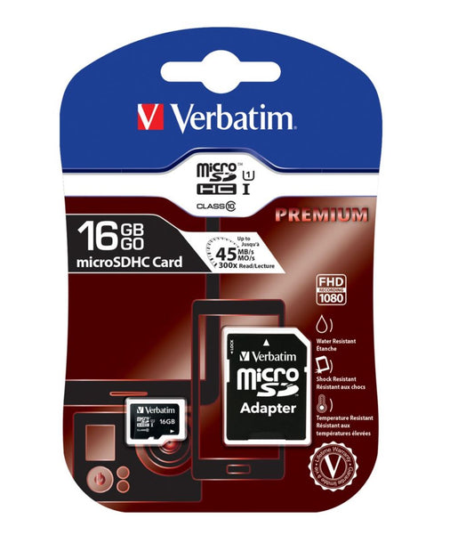 Verbatim Micro SDHC 16GB Class 10 Memory Card with SD Adapter β 45MB/s Read, 300x