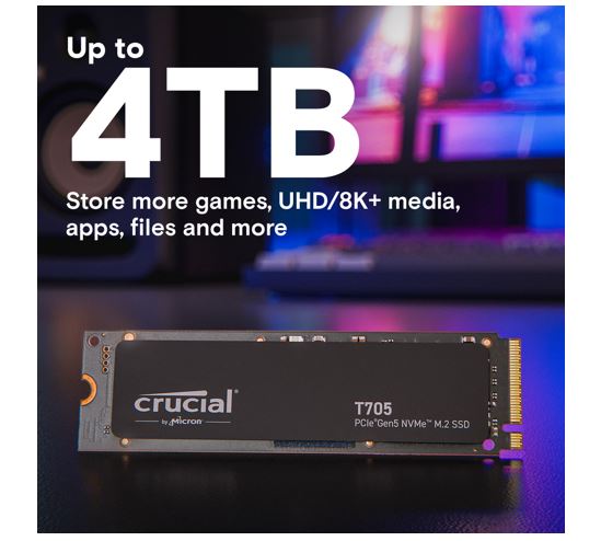 Crucial T705 1TB Gen5 NVMe SSD - 13600/10200 MB/s R/W 600TBW 1400K IOPs 1.5M hrs