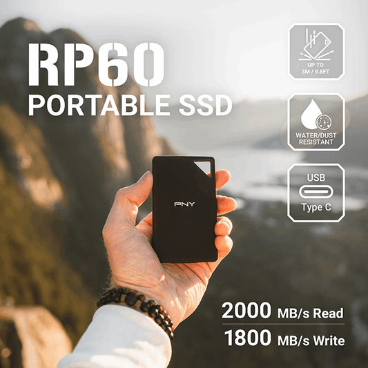 PNY RP60 1TB USB 3.2 Gen 2x2 Type-C Portable SSD Read 2,000 MB/s Write 1,800 MB/s 3m Drop Resistant IP65 rated 3-Year Limited Warranty (AMZ)