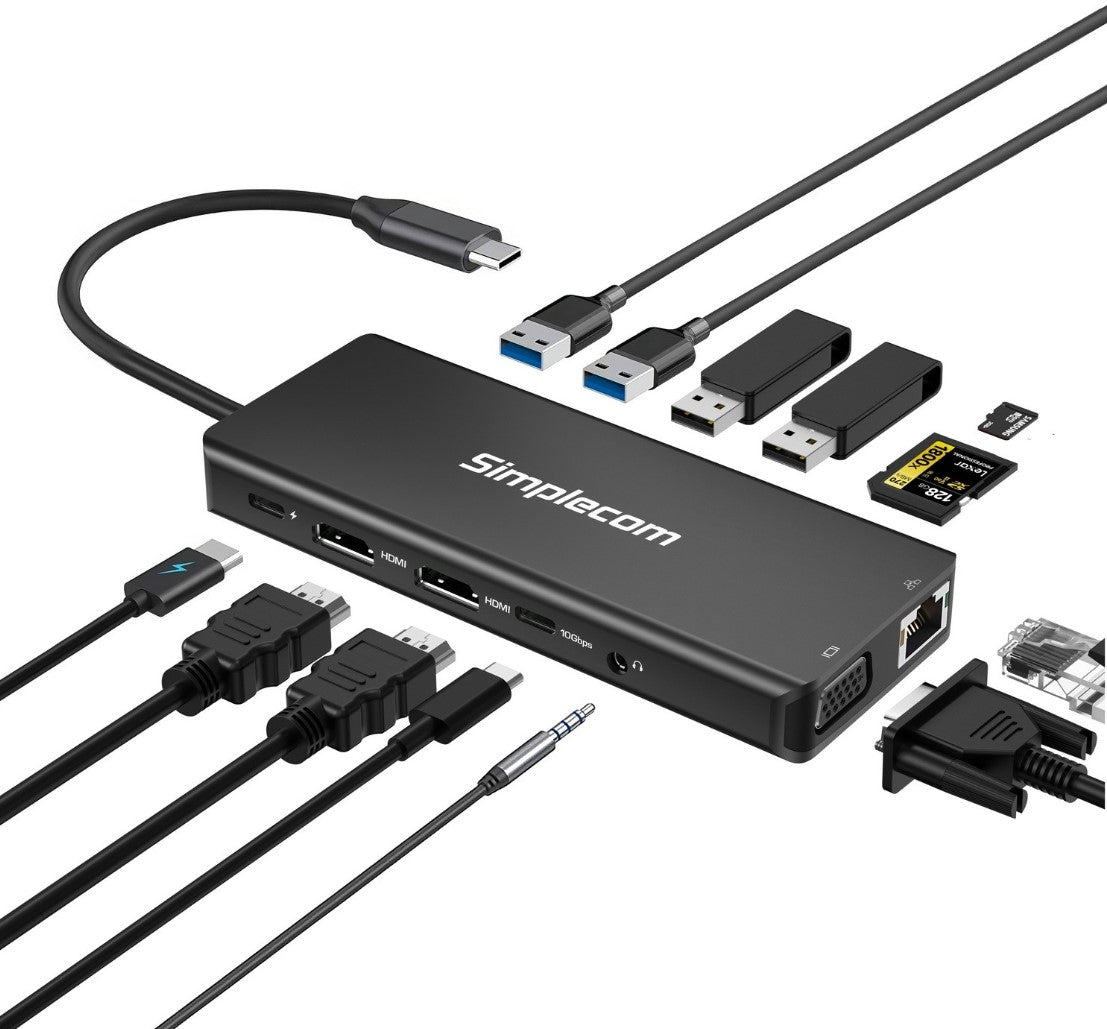 Simplecom CHN613 USB-C 13-in-1 Multiport Docking Station Dual HDMI + VGA Triple