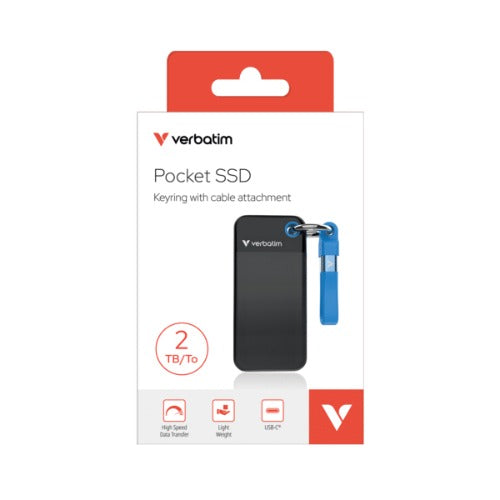 Verbatim Pocket SSD USB 3.2 Gen 2 2TB Black/Blue, Convenient keyring and cable holder keeps your cable neat and tangle-free Verbatim Pocke