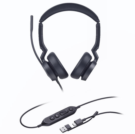 Yealink UH46 Dual Teams USB-C/A Microsoft Certified Teams USB Wired Headset 3-Noise-Canceling Microphones 35mm Speaker Busylight Leather Controller