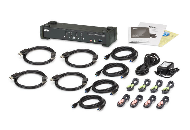 Aten Desktop KVMP Switch 4 Port Single Display 4k DisplayPort w/ audio, Cables Included, 2x USB Port, Selection Via Front Panel