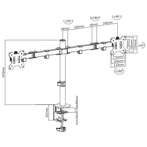 Brateck Dual Screens Economical Double Joint Articulating Steel Monitor Arm Fit Most 13ββ-32ββ Monitors Up to 8kg per screen VESA 75x75/100x10