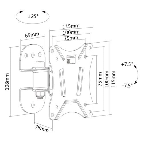 Brateck LCD Economy Pivot TV Wall Mount Bracket VESA 75 x75mm/100 x100mm 13'-27' LCD Panel Up to 25kg
