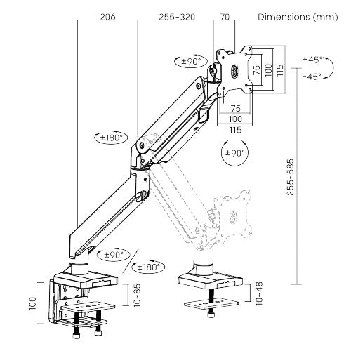Brateck Single Monitor Heavy-Duty Gas Spring Aluminum Monitor Arm Fit Most 17'-35' Monitor Up to15kg per screen (LS)