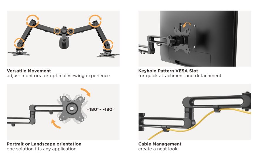Brateck Dual Monitor Premium Aluminum Articulating Monitor Arm Fit Most 17'-32' Monitors Up to 8kg per screen VESA 75x75/100x100