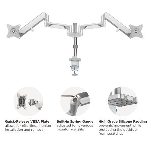 Brateck Dual Monitors Pole-Mounted Epic Gas Spring Aluminum Monitor Arm Fit Most 17'-32' Monitors, Up to 9kg per screen VESA 75x75/100x100 Grey (LS)