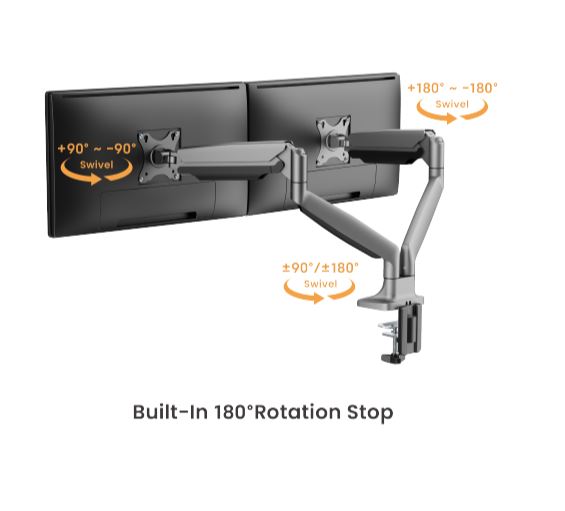 Brateck LDT82-C024UC DUAL SCREEN HEAVY-DUTY GAS SPRING MONITOR ARM WITH USB PORTS For most 17'~35' Monitors, Matte Silver (LS)