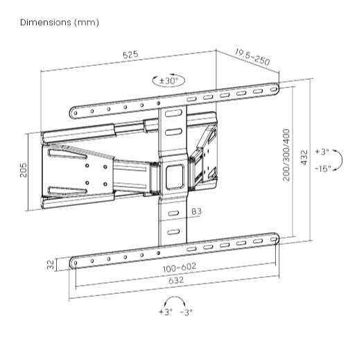 Brateck LPA79-464 ULTRA-SLIM FULL-MOTION TV WALL MOUNT For most 43'-90' TVs (Black) 250x632x432mm (LS)