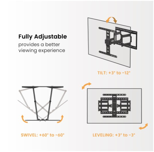 Brateck LPA83-466 MODERN ULTRA-SLIM FULL-MOTION TV WALL MOUNT For most 43'-90' TVs, Weight Capacity: 60kg, 420x509x632mm (LS)