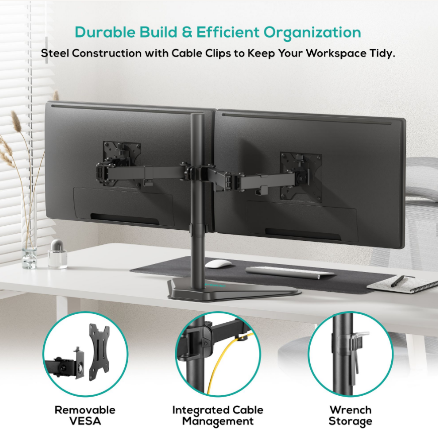 mbeat® activiva Dual-Screen Articulating Monitor Arm with Free-Standing Desktop Base provides the perfect solution for ergonomic comfort and workspace