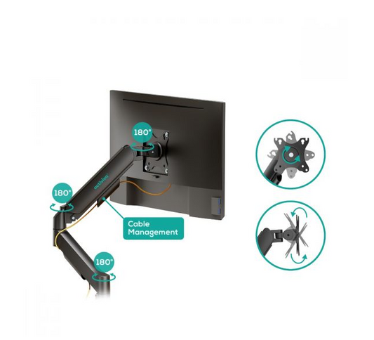 mbeat® activiva Ergolife Dual-Screen Gas Spring Monitor Arm allows you to smoothly adjust the height, angle, and tilt of both screens with minimal