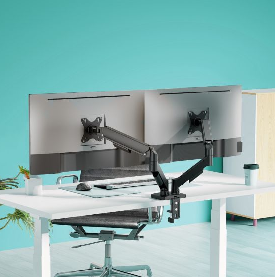 mbeat® activiva Ergolife Dual-Screen Gas Spring Monitor Arm allows you to smoothly adjust the height, angle, and tilt of both screens with minimal