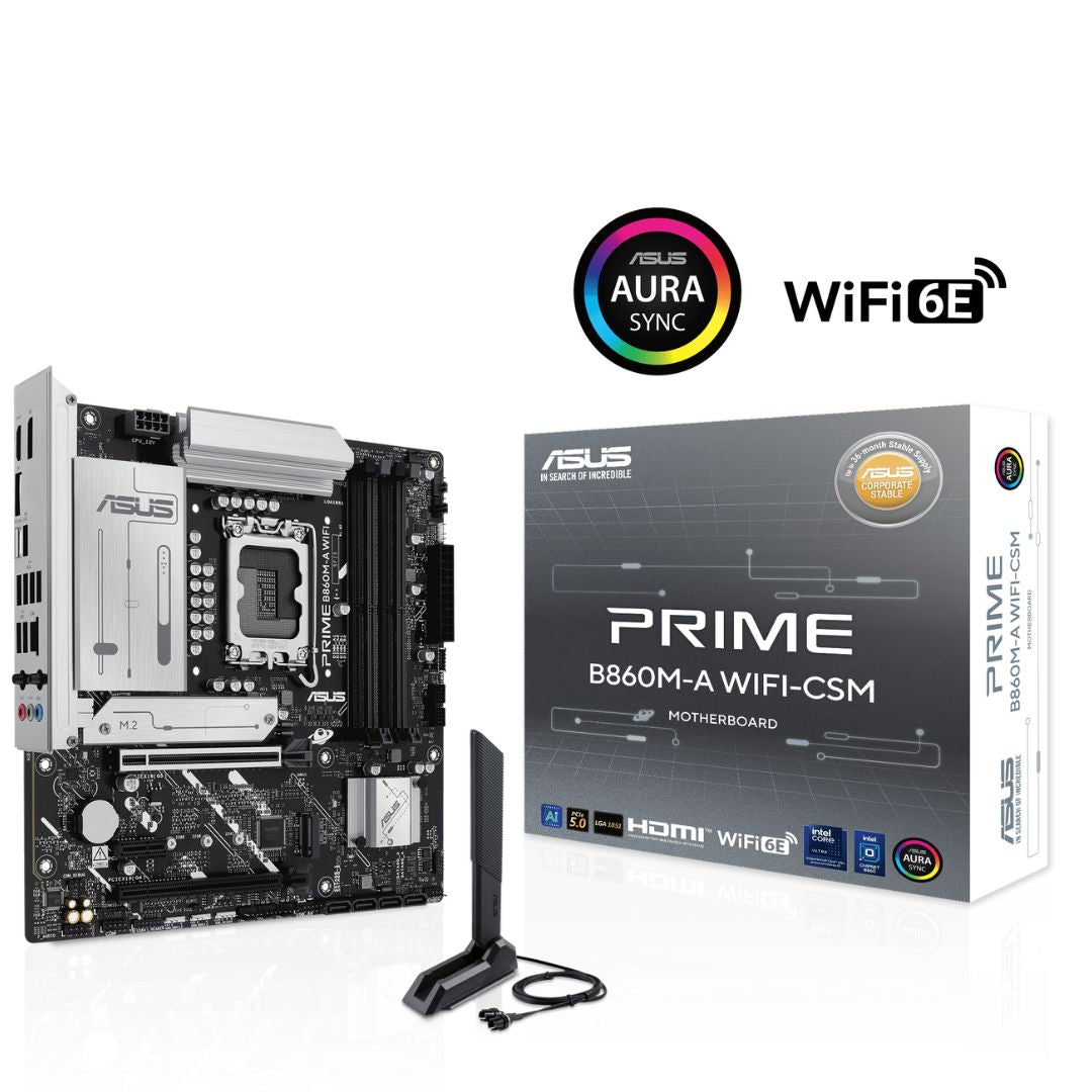 ASUS PRIME B860M-A WIFI-CSM Micro-ATX Motherboard 256GB, DDR5, 1 x PCIe 5.0, 2 x M.2 slots, 4 x SATA, WiFi 6E, 1 x HDMI, 2 x DP