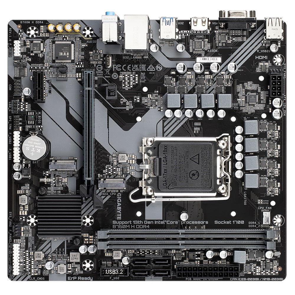 Gigabyte B760M H DDR4 Intel LGA 1700 m-ATX Motherboard, 2x DDR4 ~64GB, 1x PCI-E x16, 2x M.2, 4x SATA, 3x USB 3.2, 2x USB 2.0,