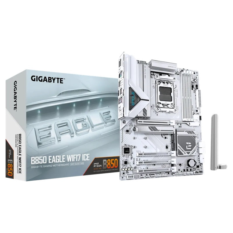 Gigabyte B850 EAGLE WF7 ICE, AMD AM5, 4 x DDR5 up to 256 GB, 1 x HDMI, 4 x PCI Express x16, 3 x M.2, 6 x USB 3.2, 2.5GbE LAN