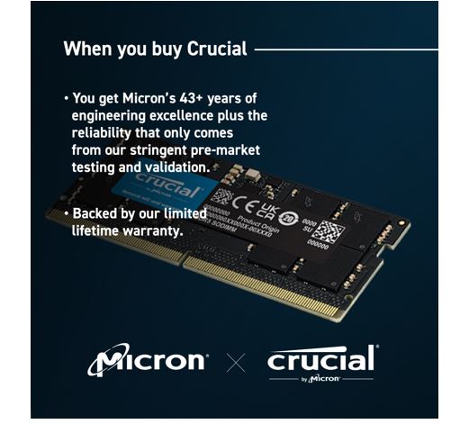 Crucial 8GB (1x8GB) DDR5 SODIMM 5600MHz C46 1.1V Laptop Laptop Memory