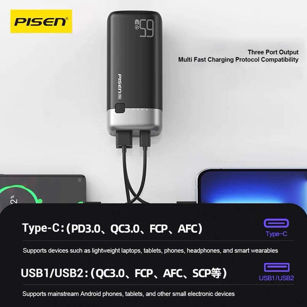 Pisen PRO Triple Port 20k mAh (65W) Laptop Power Bank - Black, 2x USB-A & 1x USB