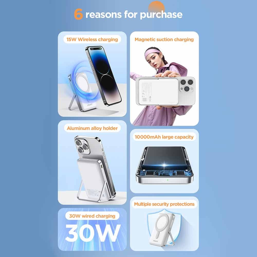 Pisen 30W CCC-Certified 10K (10000mAh) Wireless Power Bank with Holder - 15W Wireless, LED Display, PD QC 3.0 Fast Charge, 2 Year Warranty
