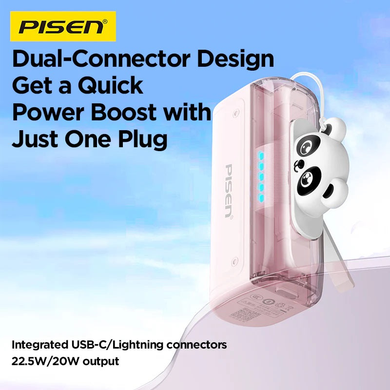 Pisen Power Tiny 22.5W CCC-Certified 5K (5000mAh) Mini Power Bank - USB-A + USB-C Port, 2-in-1 Design, Built-in Stand, 2 Year Warranty