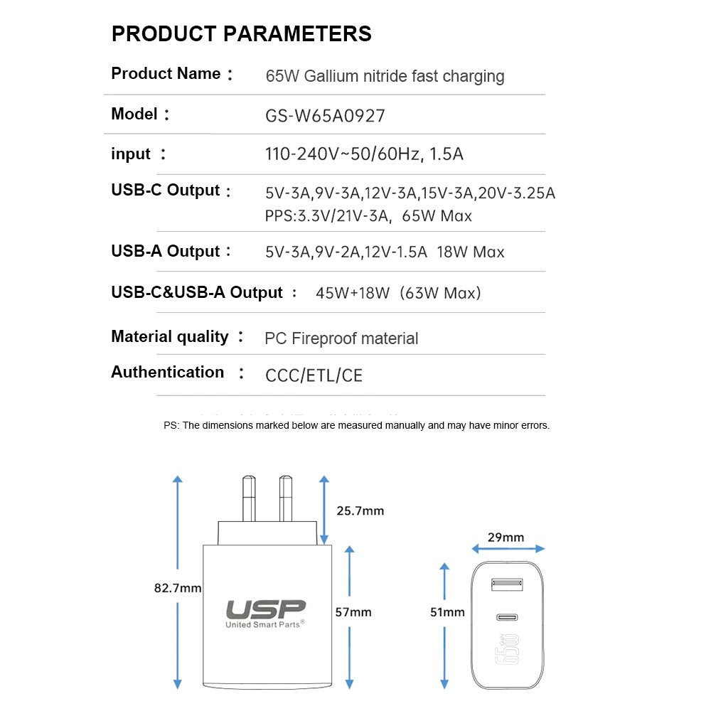 USP Dual Port PD 65W GaN Fast Wall Charger USB-C + USB-A for Phone Laptop, Intel