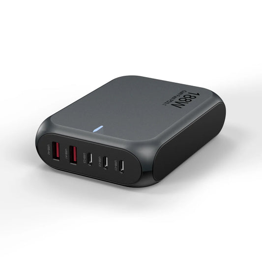 USP 188W Five Ports USB-C PD GaN Wall Charger Black - 3x USB-C, 2x USB-A, Efficient, High Quality, Tablet, Laptop,Watch, iPhone, 2 Year Warranty