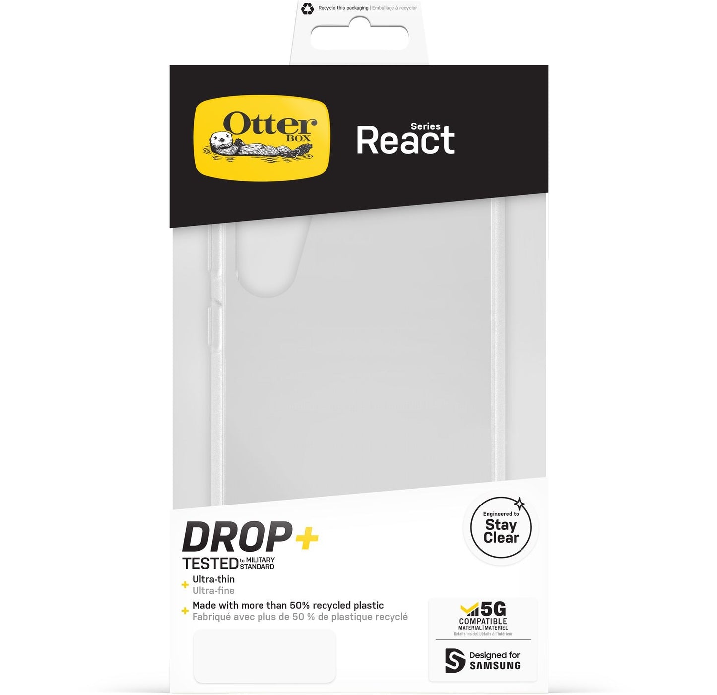 OtterBox React Samsung Galaxy S23+ 5G (6.6') Case Clear - (77-91305), Antimicrobial, DROP+ Military Standard, Hard Case, Soft Grip, 7 Years Warranty