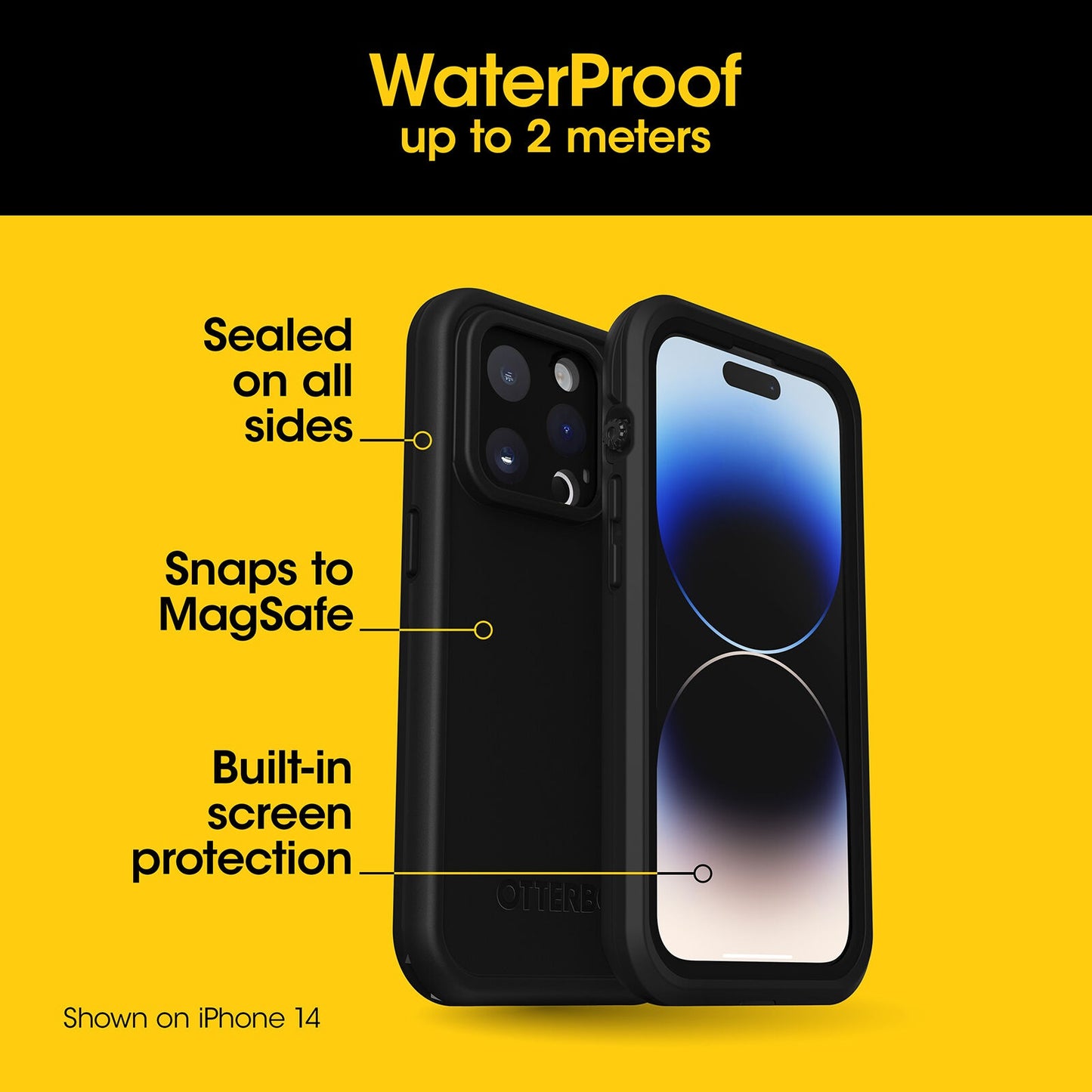 OtterBox Fre MagSafe Apple iPhone 15 (6.1') Case Black -(77-93438),DROP+ 5X Military Standard,2M WaterProof,Built-In Screen Protector,7 Years Warranty