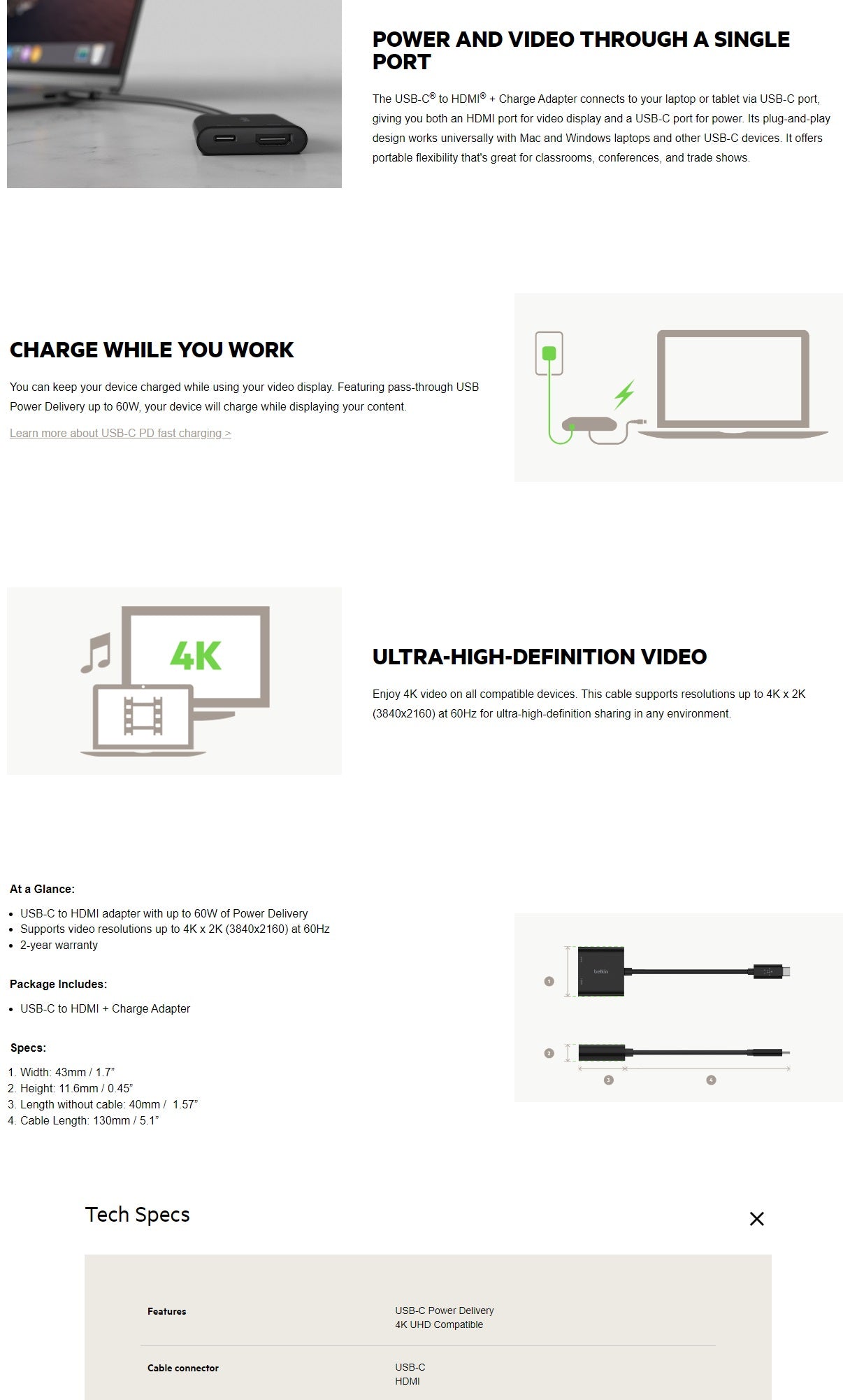 Belkin USB-C to HDMI + Charge Adapter + USB-C Cable (13CM) - Black (AVC002btBK), 60W, Supports Video Resolutions up to 4K, 2 Years Warranty
