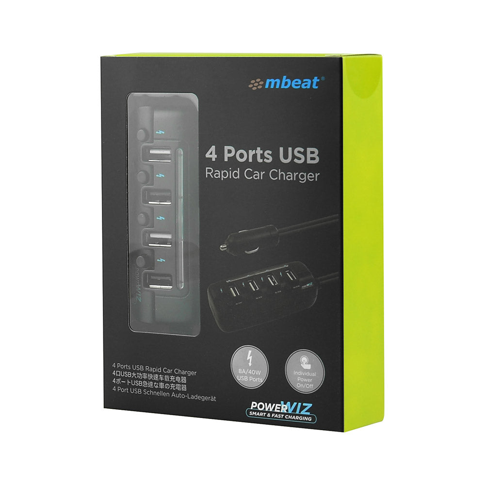 mbeat 4-Port USB Rapid Car Charger — 40W Smart Charge, Individual ON/OFF Switches