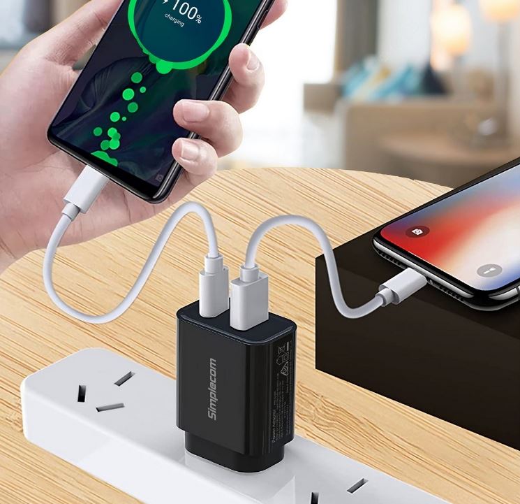 Simplecom CU220 Dual Port PD 20W Fast Wall Charger USB-C + USB-A for Phone Table