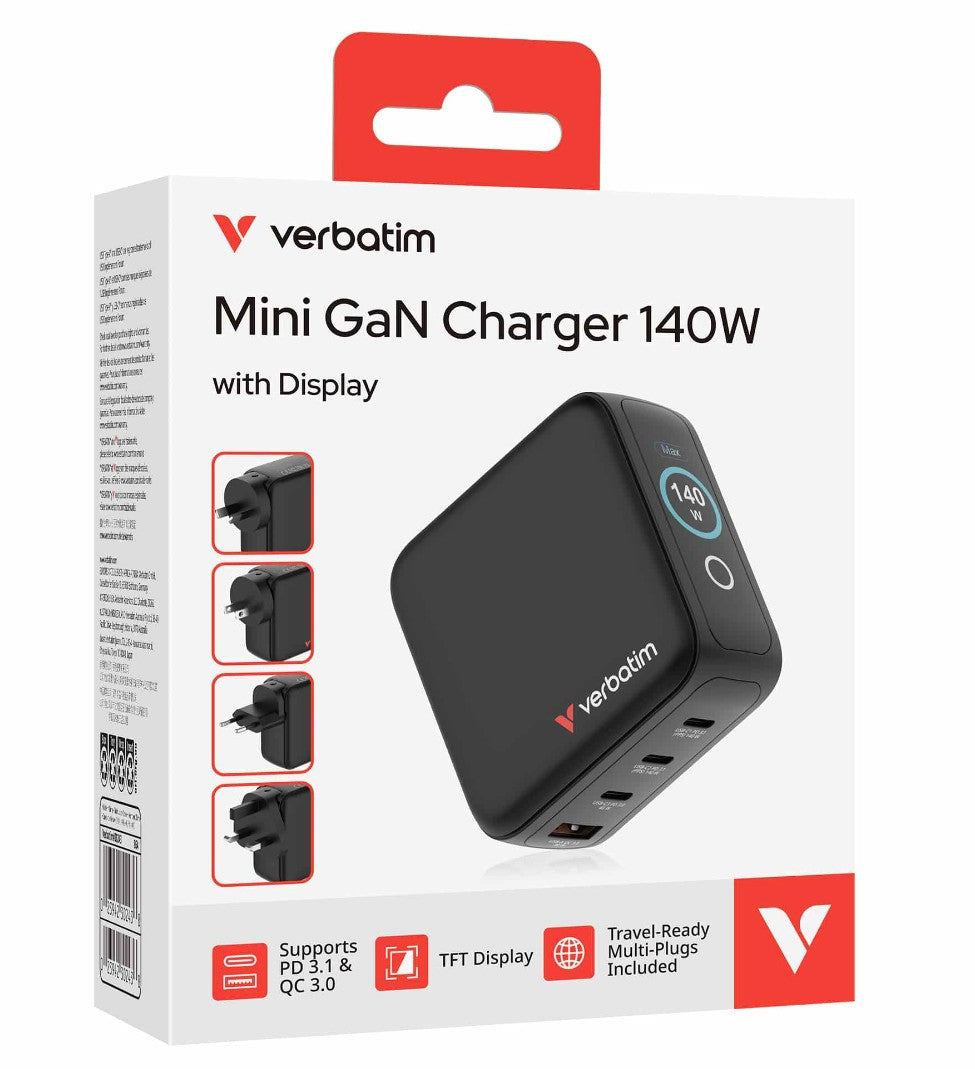 Verbatim Mini GaN Charger 140W with Display Premium 4-port GaN wall charger with three USB-C® and one USB-A port