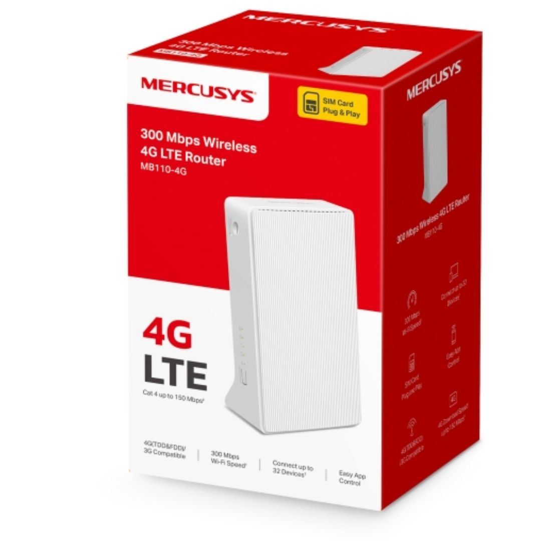 Mercusys N300 N 4G LTE Router, Wireless, 4G network, Cat 4 up to 150 Mbps, LAN/WAN Port, SIM Card Plug and Play, Stable & Strong Signal, WAN Connectio