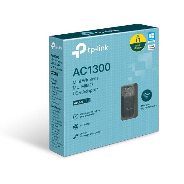 (CH)TP-Link Archer T3U AC1300 Mini Wireless MU-MIMO USB Adapter,Mini Size, 867Mbps at 5GHz + 400Mbps at 2.4GHz, USB 3.0