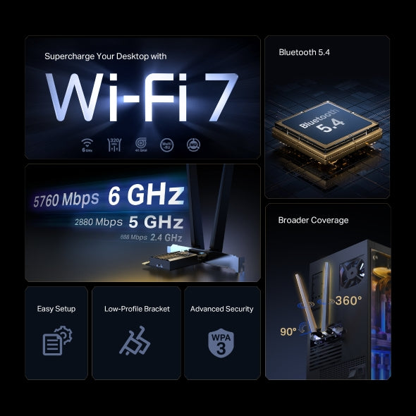 TP-Link Archer TBE552E BE9300 Wi-Fi 7 Bluetooth 5.4 PCIe Adapter, 5760 Mbps at 6 GHz + 2880 Mbps at 5 GHz + 688 Mbps at 2.4 GHz, 2× High Gain Tri-Band
