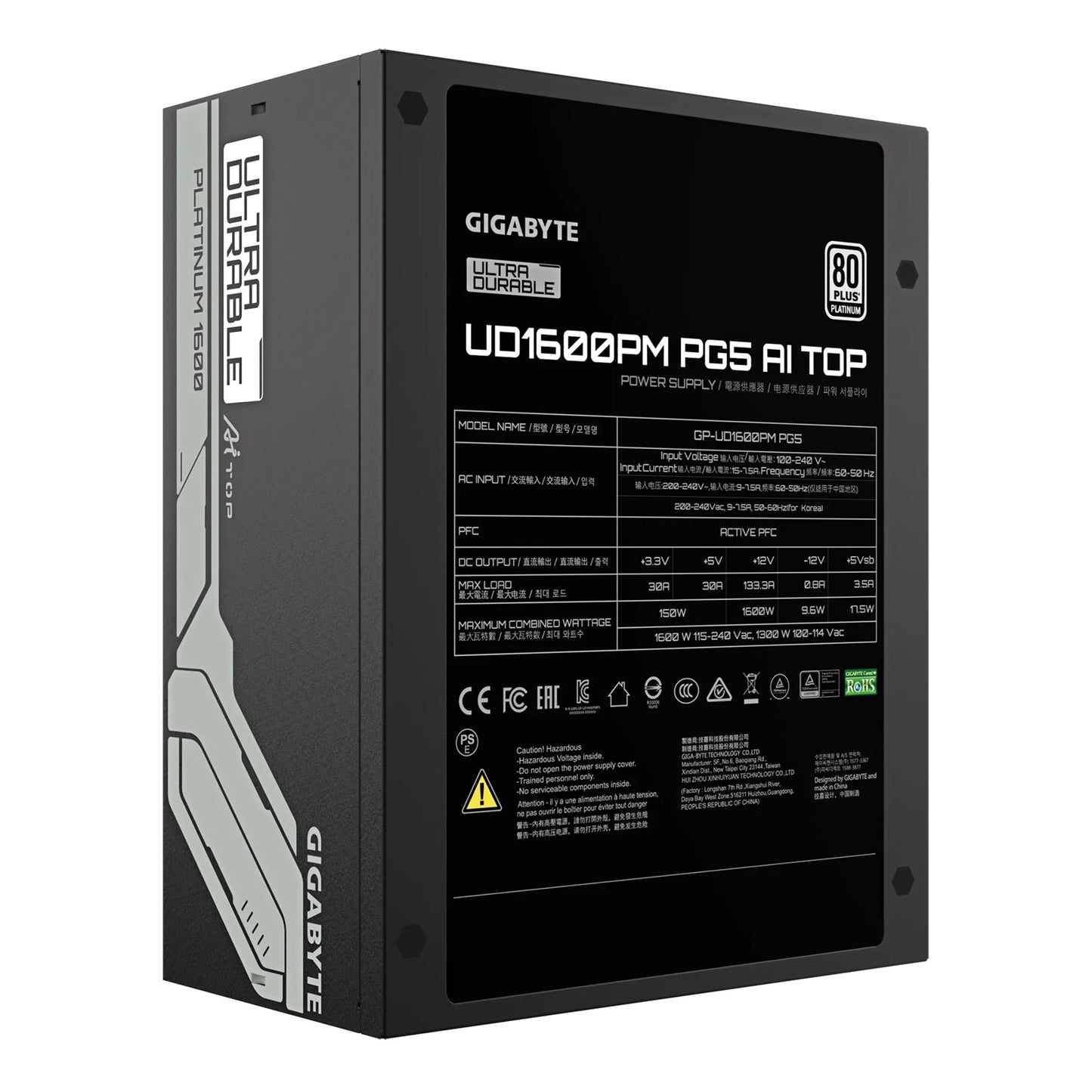 Gigabyte GP-UD1600PM PG5 AI TOP Power Supply, 1600W, ATX12V, 80 PLUS Platinum Fan, Type 140mm Double Ball Bearing fan 100,000 hours, 3 years