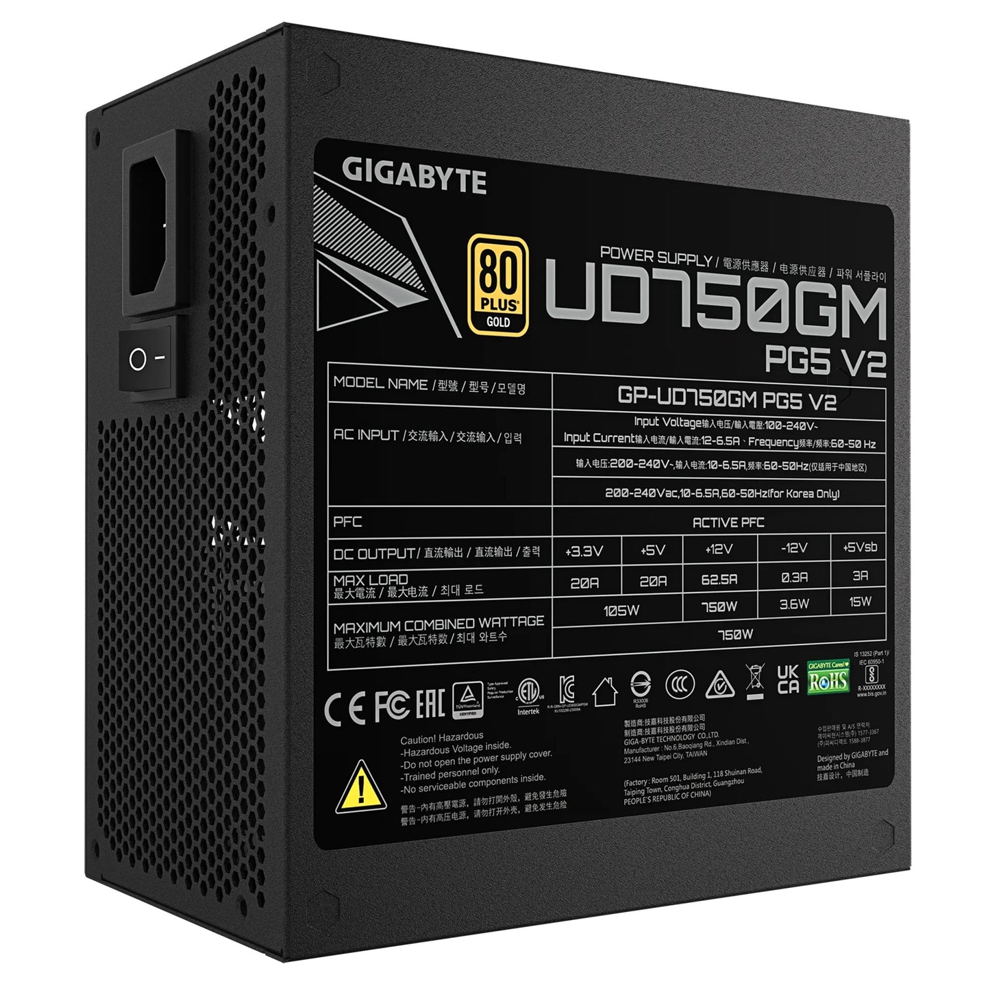 Gigabyte UD750GM PG5 V2, 750W ATX PSU Power Supply 80+ Gold 90% Black Embossed Cables 100-240 Vac 100K Hrs (NEW)