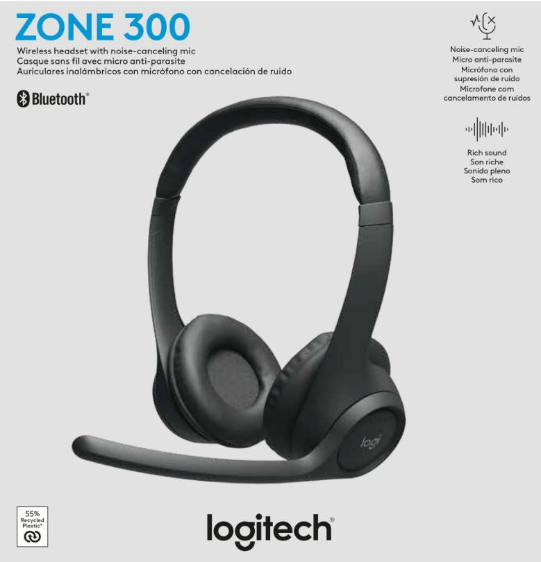 Logitech ZONE 300 Wireless Headset Midnight Black 1-Year Limited Hardware Warran