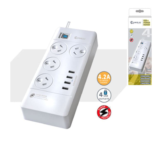 Sansai 4 Outlets & 4 USB Outlets Surge Protected Powerboard Master On/Off switch